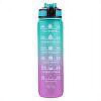 termos para agua de 1000 ml escala de tiempo fitness deportes bicicleta taza de agua (verde + púrpura) botella multicolor de 1 litro con escala de tiempo impresa, cuerpo translúcido en degradado verde a púrpura y tapa con boquilla plegable, vista frontal vertical sobre fondo blanco; adecuada para seguir la hidratación durante ejercicio y ciclismo, también suele usarse para llevar bebidas en salidas y viajes cortos.