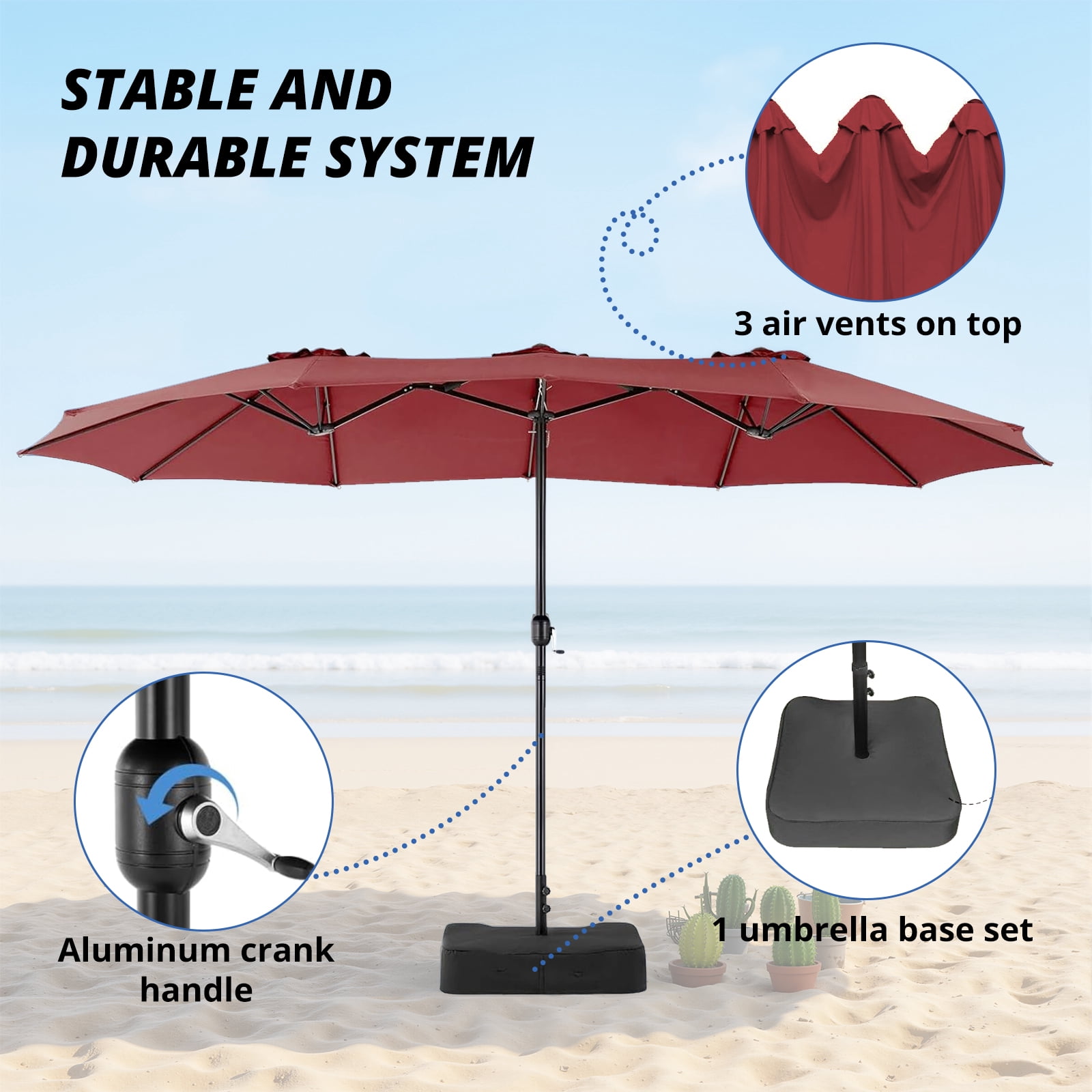 Blorly 15ft Large Patio Umbrella with Base Included, Rectangle Table Umbrella Outdoor Patio, Outside Umbrellas for Deck, Market, Backyard, Red
