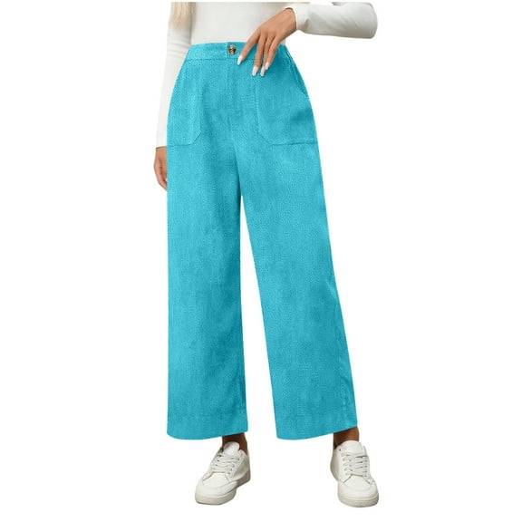 hotojiny Corduroy Women's Pants Winter Warm High Waisted Wide Leg Pants Fall Business Casual Loose Cropped Trousers with Pockets