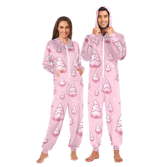 Adult Christmas Onesie Pink Christmas Trees Zipper One-Piece Pajamas Unisex with Pockets