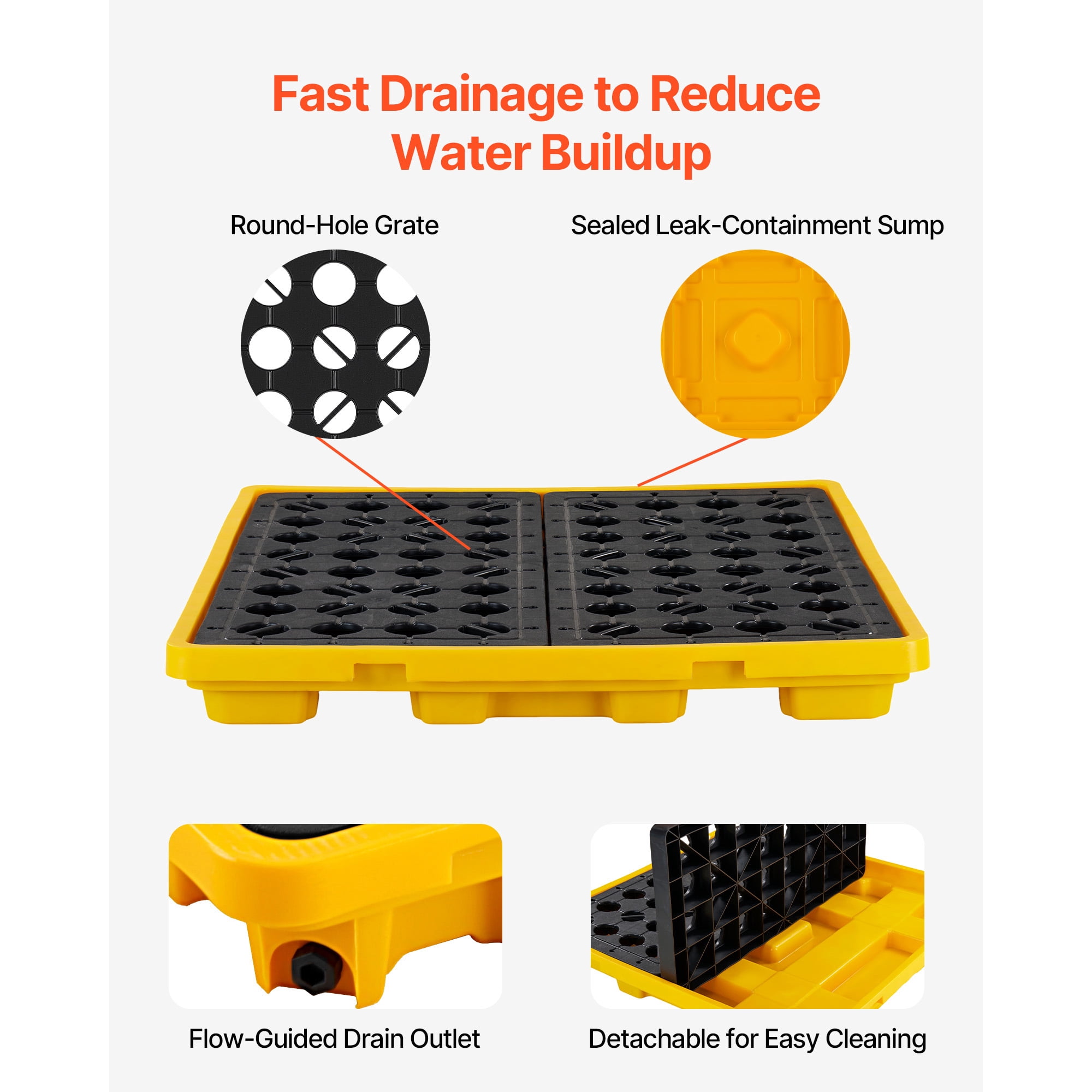 KFFKFF 4-Drum Spill Containment Pallet, Low-Profile Modular Platform, 31-Gallon Sump Capacity, 8818 lbs Load Support, Durable Polyethylene Tray with Drain, 51.4" x 50.4" x 5.9", Yellow