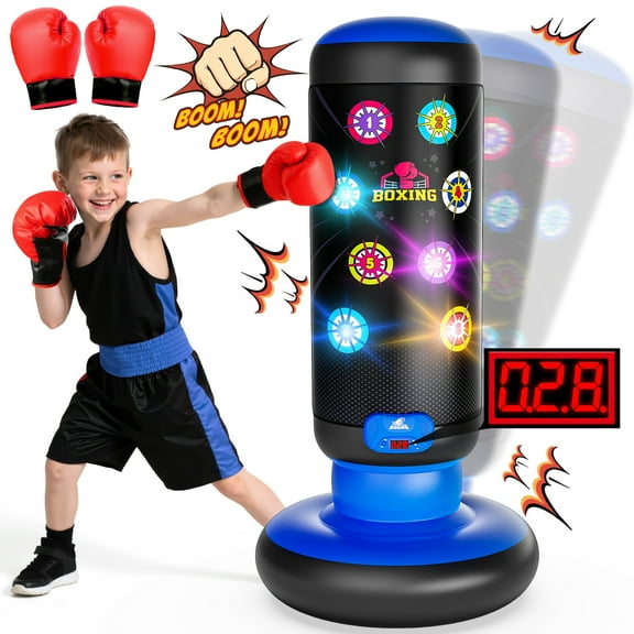 Hot Bee Kids Punching Bag with Light & Sound, Blue Inflatable Boxing Toy with Gloves, Scoring System, 4 Play Modes, Indoor Outdoor Fitness Toy Gift for Boys and Girls Ages 4-12