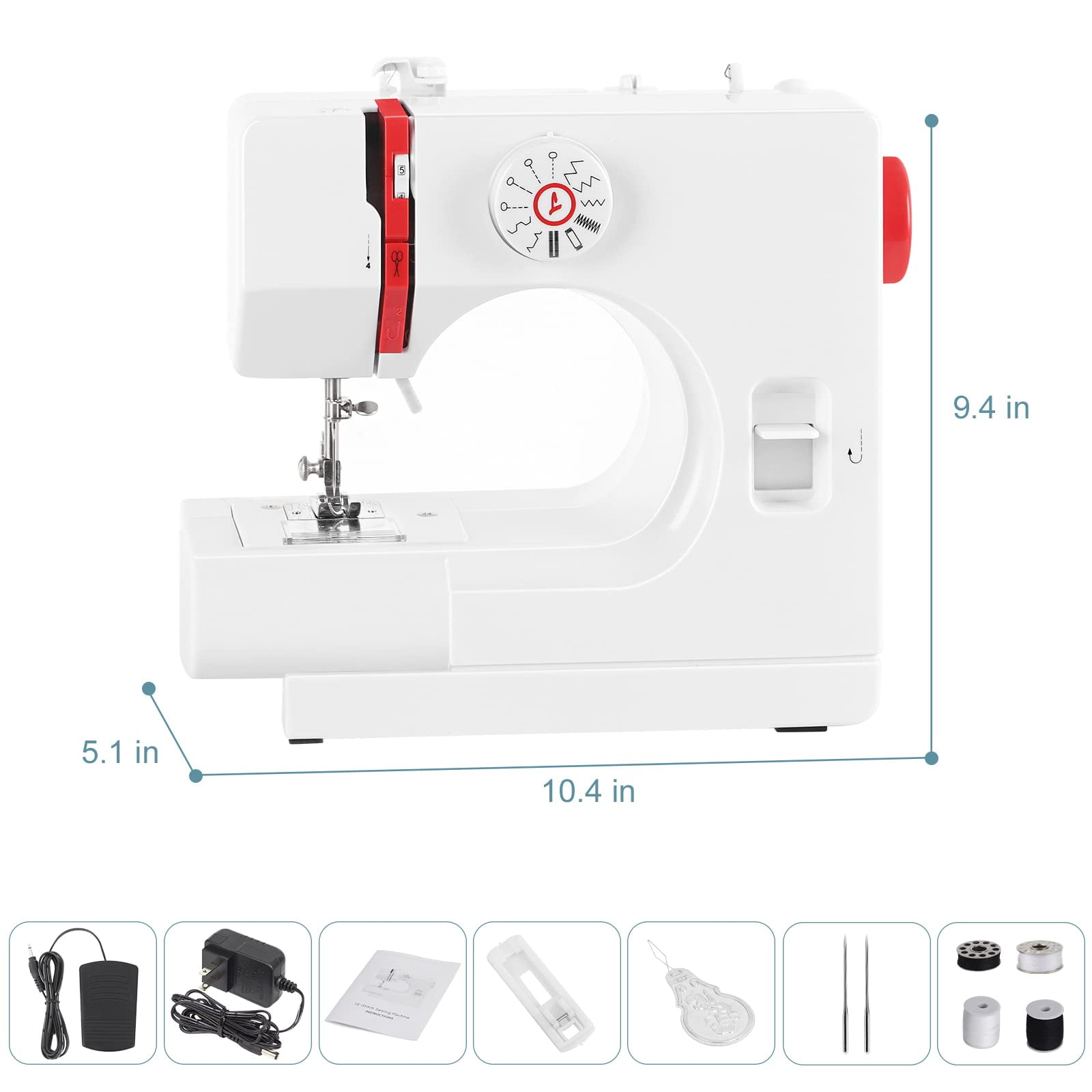 Mini Sewing Machine for Beginners, Electric Portable Small Sewing Machine with 12 Built-In Stitches Reverse Sewing Adjustable Speed LED Light Foot Pedal Heavy Duty Household Mending Stitching Machine
