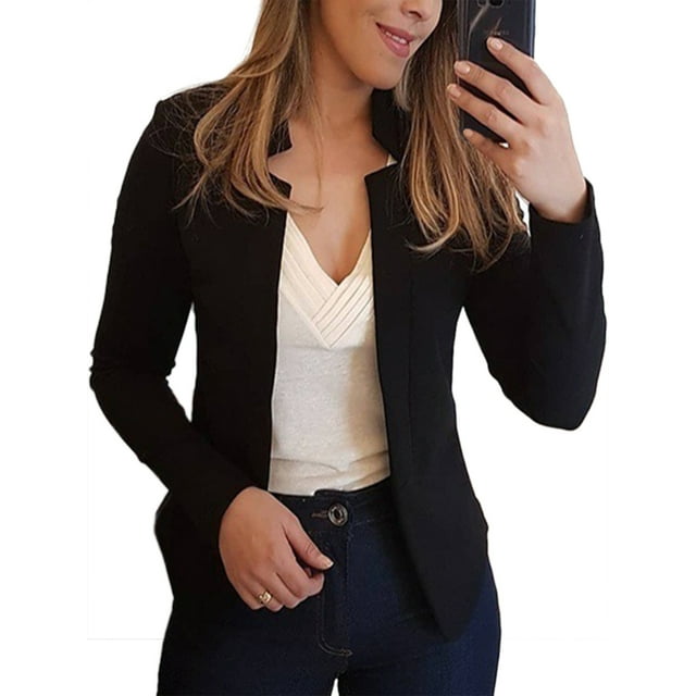Innerwin Blazers à Manches Longues pour Femmes, Veste Cardigan de Bureau, Col Montant, Courte, Affaires, Noir G