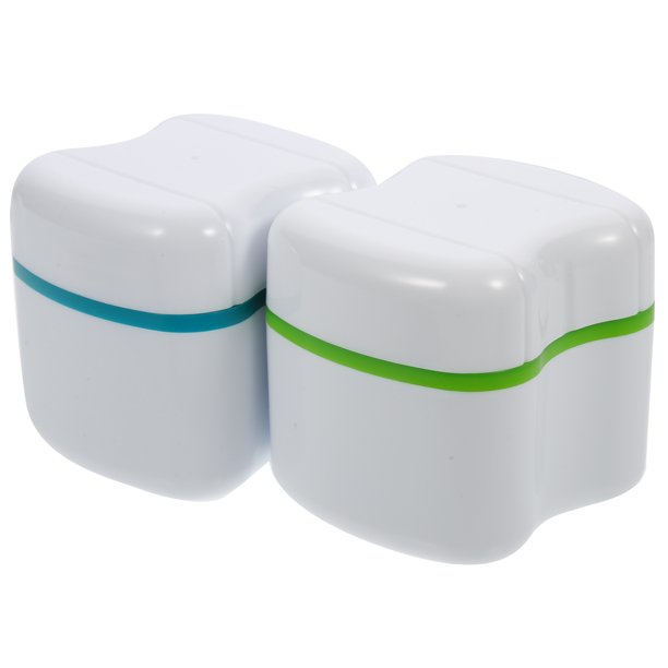 EeaseMX Caja para dentaduras postizas (2 unidades), caja de baño para dentaduras postizas, caja de almacenamiento con cesta de enjuague (verde + verde lago)