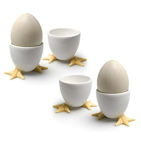 Porcelain Egg Cup Set - Cordon Bleu White Porcelain Egg Cups with Yellow Chicken Feet - Set of 4