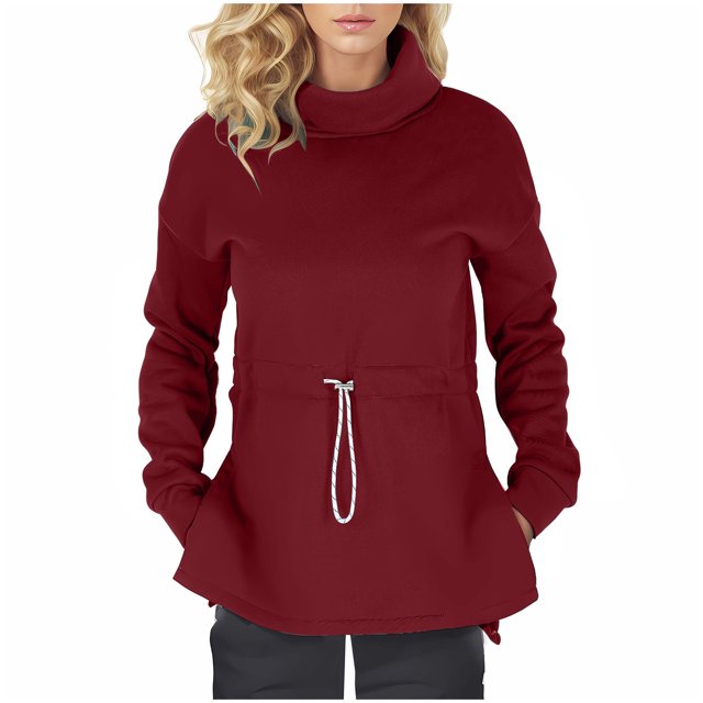 cfhntfmh Winter Sweater for Women Warm High Neck Long Sleeve Fleece Basic Tops Soft Side Slit Drawstring Waist Pullover Shirts