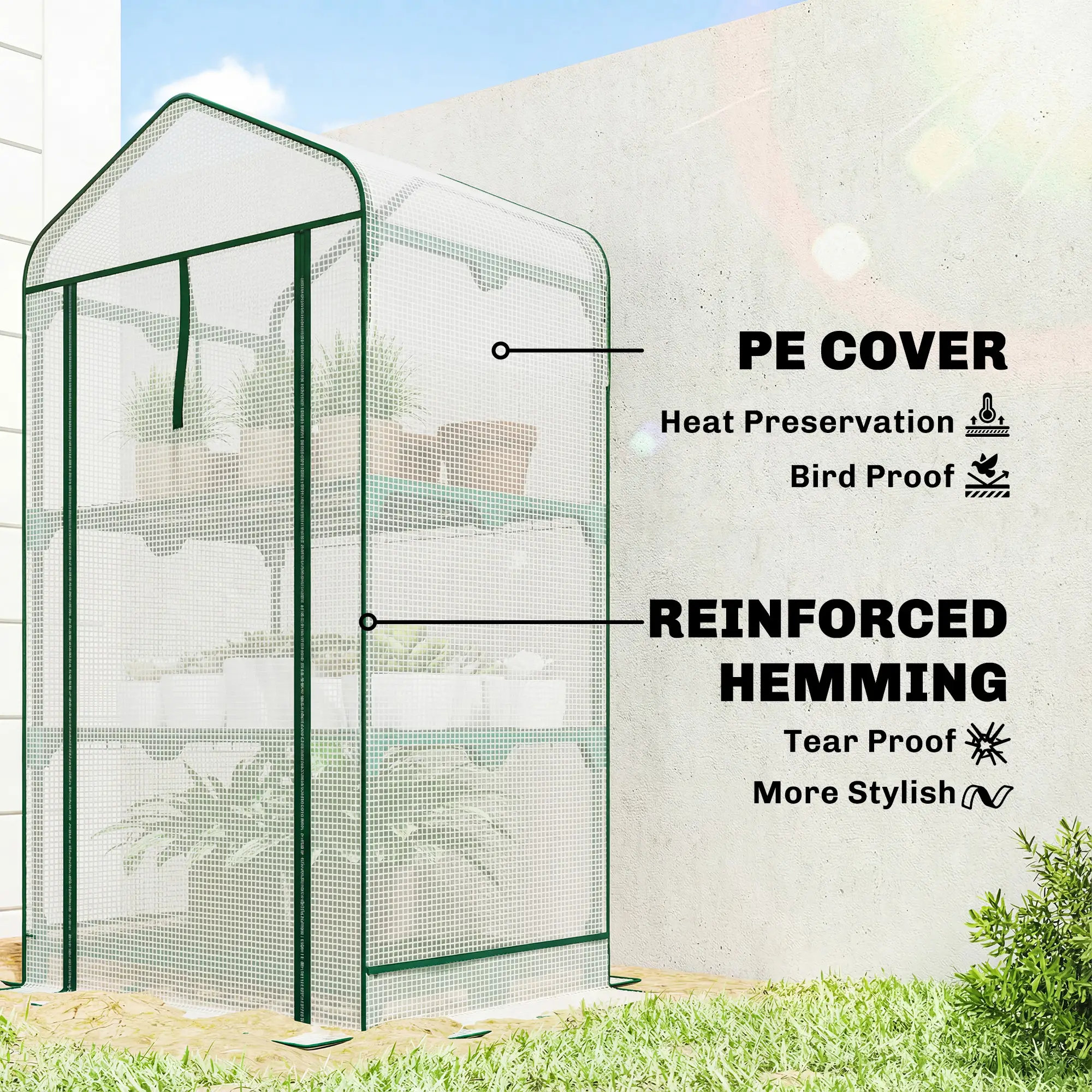 3-Tier Mini Greenhouse with Double-Layer Roof, 140gsm PE Cover, Roll-Up Zippered Door, Powder-Coated Steel Frame, Stability Side Bags for Indoor Outdoor Plants