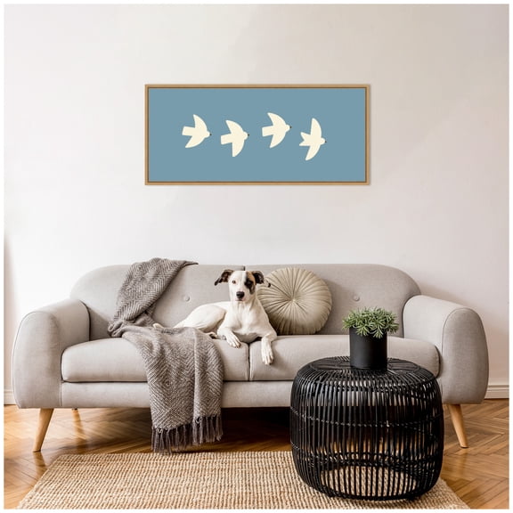 Kate and Laurel Framed Canvas Wall Art Print Minimalist Birds Panel Blue by Laura Moss, 40 x 18 Sylvie Natural Frame, Modern Contemporary, Animal Art for Wall Decor