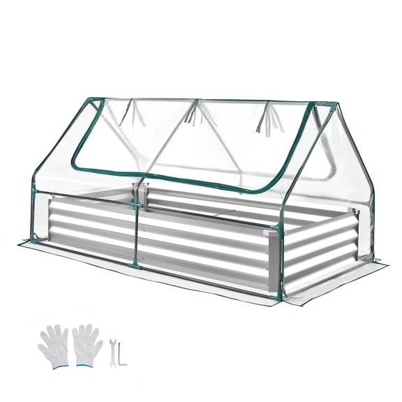 KFFKFF Rectangular Raised Garden Bed with Cover, 6 x 3 x 1 ft, Galvanized Metal Planter Box Kit for Outdoor Use, Includes PE Greenhouse Cover & Gloves, Rust-Resistant Alu-Zinc Material, Silver