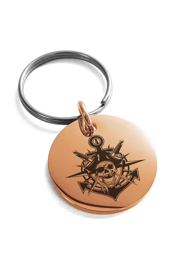 Stainless Steel Jolly Roger Pirate Skull Anchor Engraved Small Medallion Circle Charm Keychain Keyring