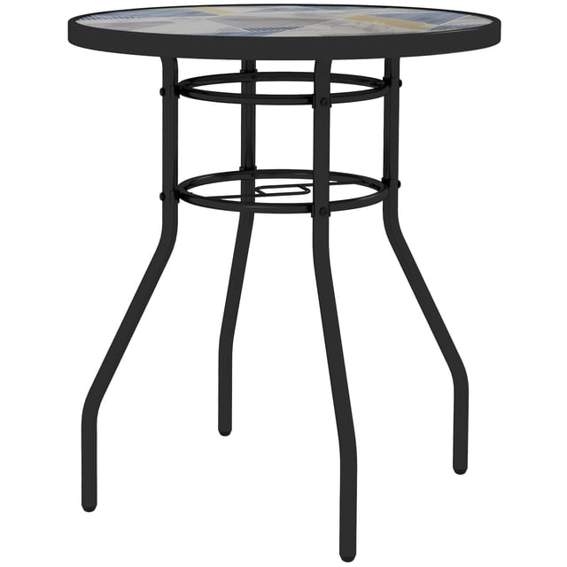Table d'Appoint Ronde de 23,6 Po pour Terrasse Extérieure avec Dessus en Verre Trempé Imprimé Multicolore et Cadre en Acier Enduit de Poudre, Petite Table Bistro pour Jardin, Balcon et Cour Arrière, 27,6 Po H