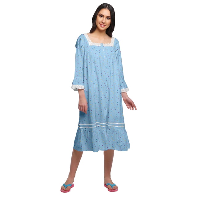 Moomaya Chemise de Nuit Évasée à Manches Longues en Coton avec Boutons