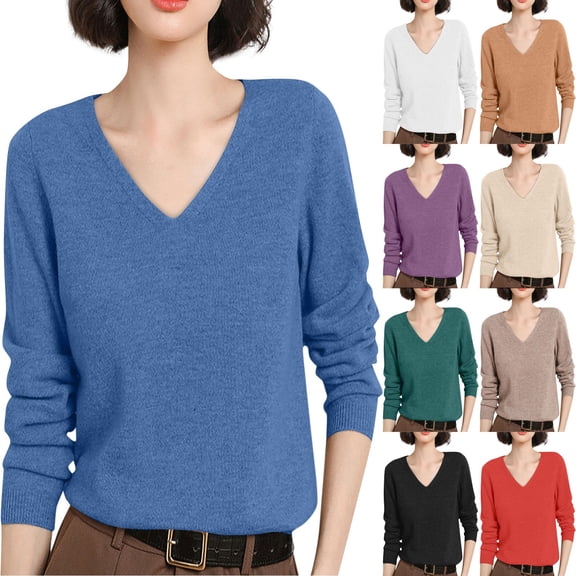 Women's Soft V Neck Long Sleeve Sweater Fall Casual Regular Fit, Basic Knit Pullover Top Ginger L