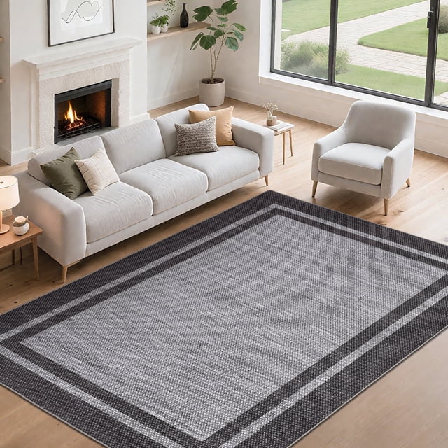 Garvee 5'x7' Modern Bordered Area Rug Solid Rugs, Washable Rugs Neutral Minimalist Carpet with Non Slip Backing Soft Thin Low Pile Rugs for Living Room Bedroom Home Decor, Grey