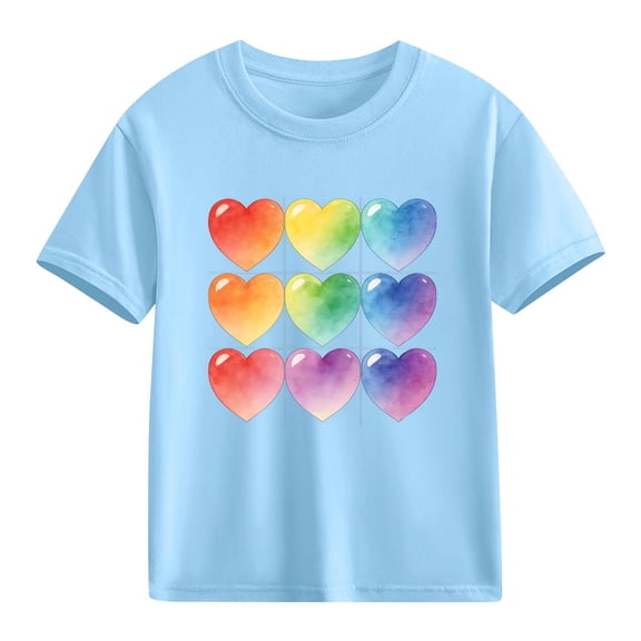 Girls Rainbow Heart Graphic T-Shirt | 100% Cotton Short Sleeve Casual Top for Kids | Cute Blue Valentine's Day Shirt Ages 4-10,Size 9 T