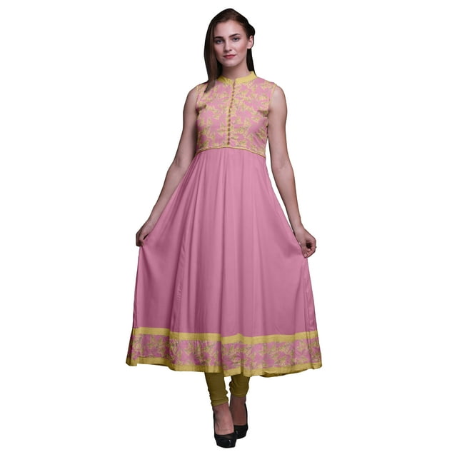 Bimba Robe Anarkali Rose Pâle3 à Fleurs pour Femmes, Kurti Imprimée Ethnique Indienne, Longue Kurta, Robe de Soirée, Très Grand