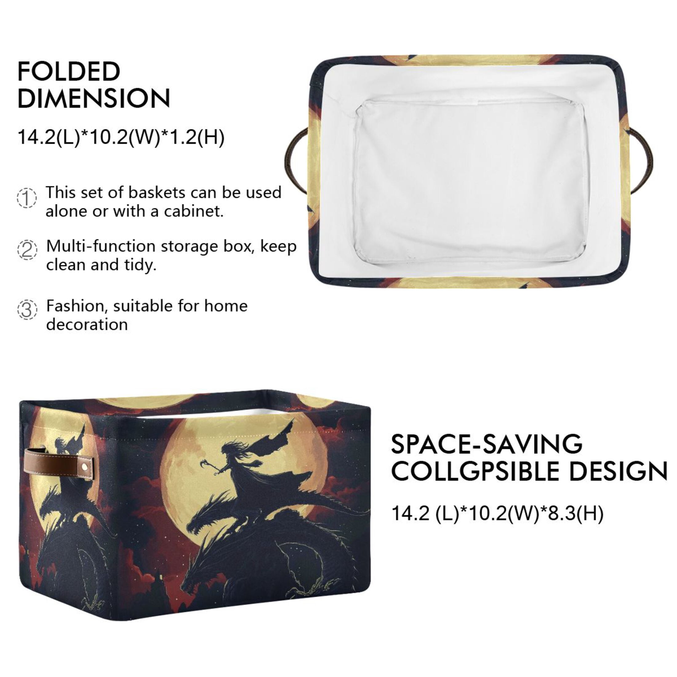 WOBOGO Witch and Black Dragons Square Storage Basket with Waterproof Canvas and PE Lining Durable PU Leather Handles 14.2×10.2×8.3in