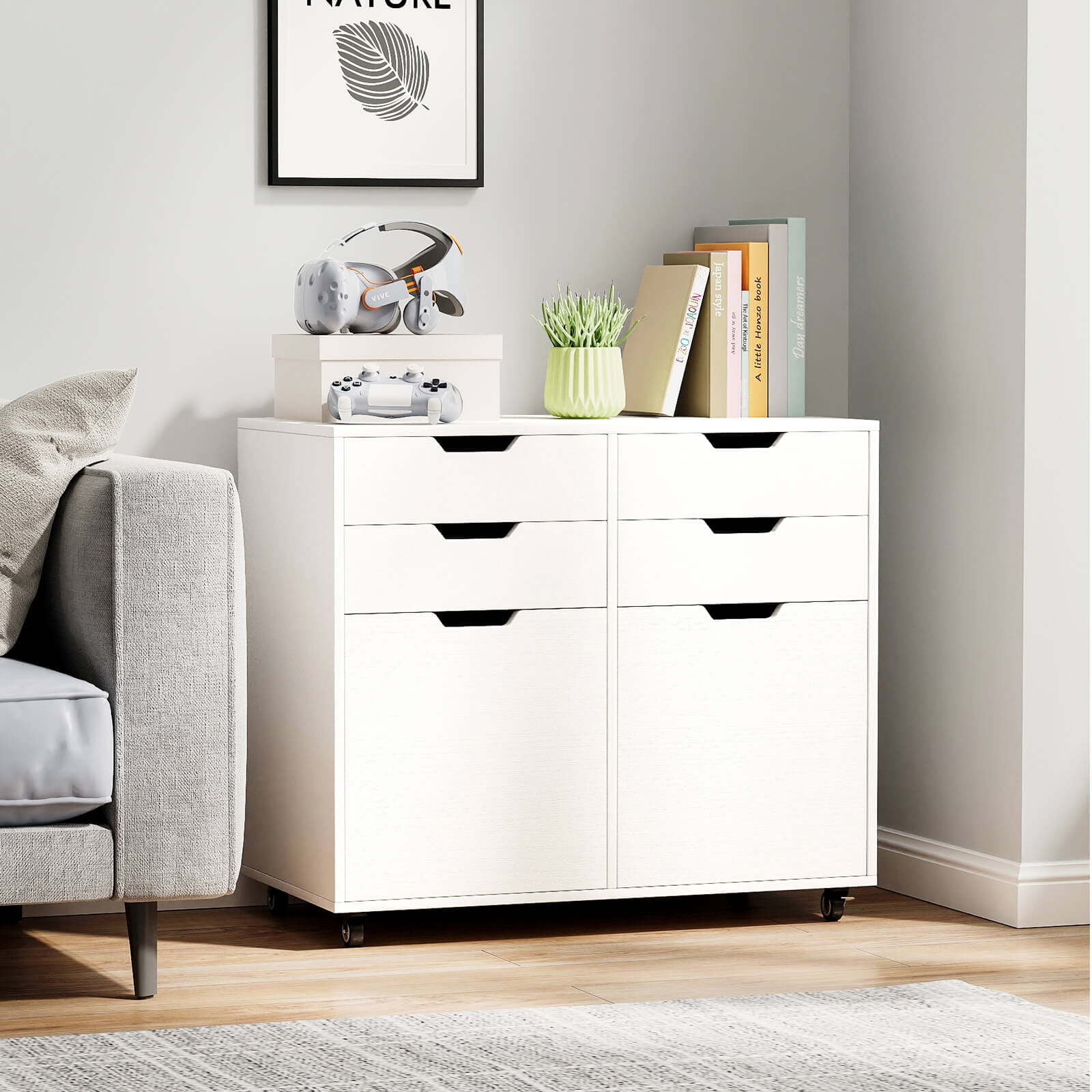 Costway 4 Drawer File Cabinet Rolling Printer Stand with Wheels Wooden Chest of Drawers