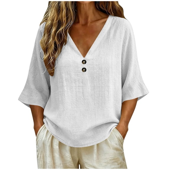 Lmueinov 3/4 Length Sleeve Womens Tops 100% Cotton V-Neck Casual Shirts with Button Solid Breathable Loose Fit Summer Fall Beach Vacation Loungewear