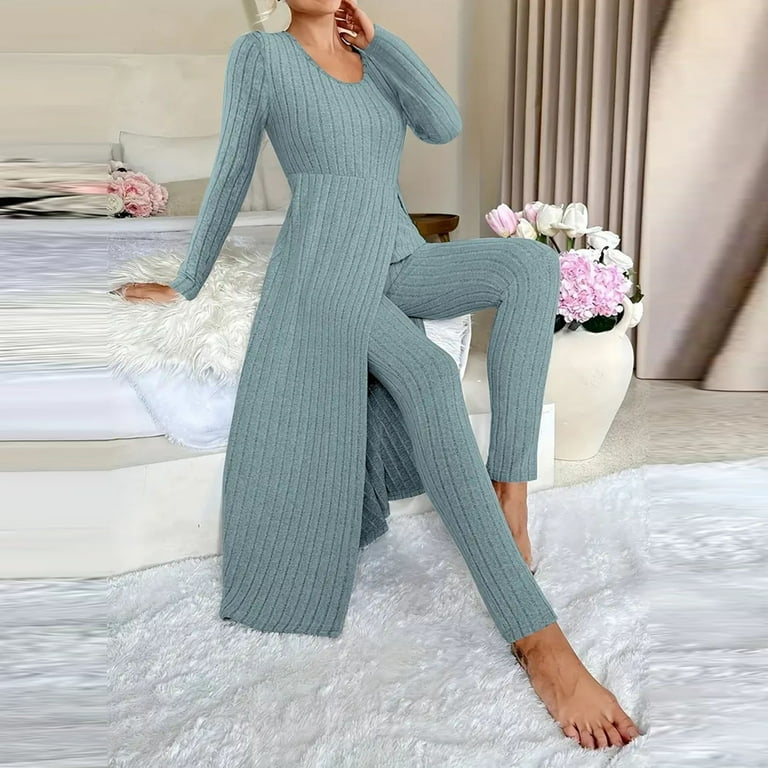 Wlynlyn Womens 2 Piece Outfits Ribbed Knit Lounge Sets Fall Casual Solid  Color Stretch Long Tops Leggings Matching Outfits - Walmart.com