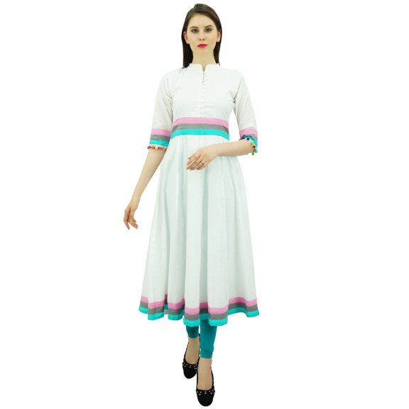 Bimba Womens Designer Cotton Kurta Long Flared Anarkali Kurti Dress With Pom-Pom