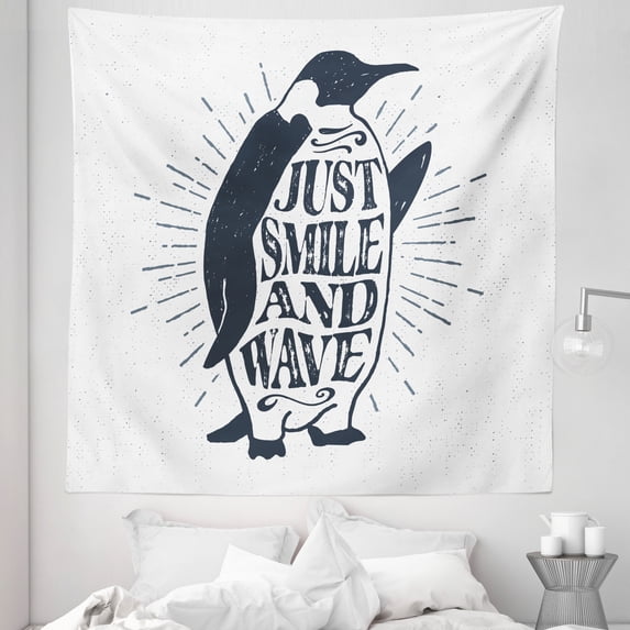Inspirational Tapestry, Vintage Art Emperor Penguin Just Smile and Wave Words Print, Fabric Wall Hanging Decor for Bedroom Living Room Dorm, 5 Sizes, Black White, by Ambesonne