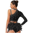 thumbnail image 2 of Xnihocha Women's Latin Jazz Dance Top One Shoulder Long Sleeve Rhinestone Crop Tops Ballet Dancewear Black S, 2 of 5