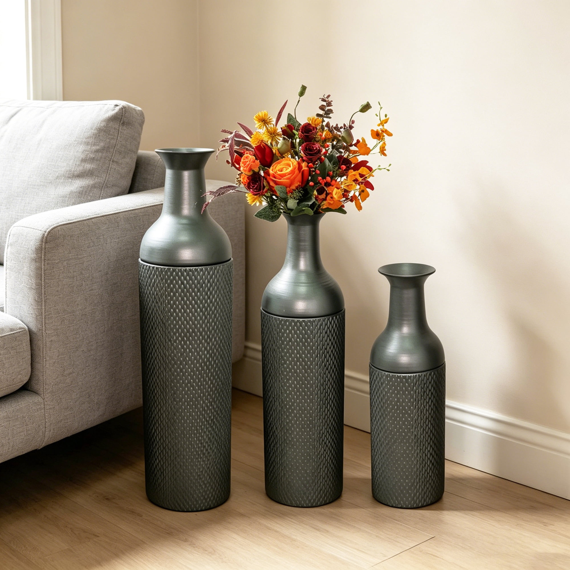 Leumius Decorative Metal Vases Set of 3, Black Silver Leaf Pattern Floor Vases, Black Silver Tall Vases for Home Decor, Living Room Entryway Decor