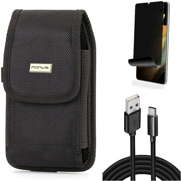 10ft USB Cable & Privacy Screen Protector & Case Belt Clip for Samsung Galaxy S21 Ultra Phone - Type-C Charger Cord & TPU Film Fingerprint Works & Rugged Holster Accessory Bundle