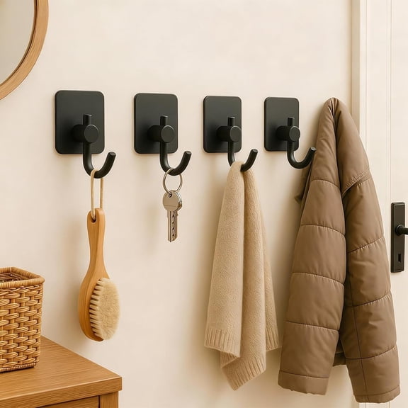 ZHZFKQ 2-Pack Heavy Duty Adhesive Hooks,Self Adhesive Wall Hooks for Bathroom&Kitchen,Strong Style Hold 5Lbs,No Drill Damage Free Hanging for Towels,Coats,Hats (Black)