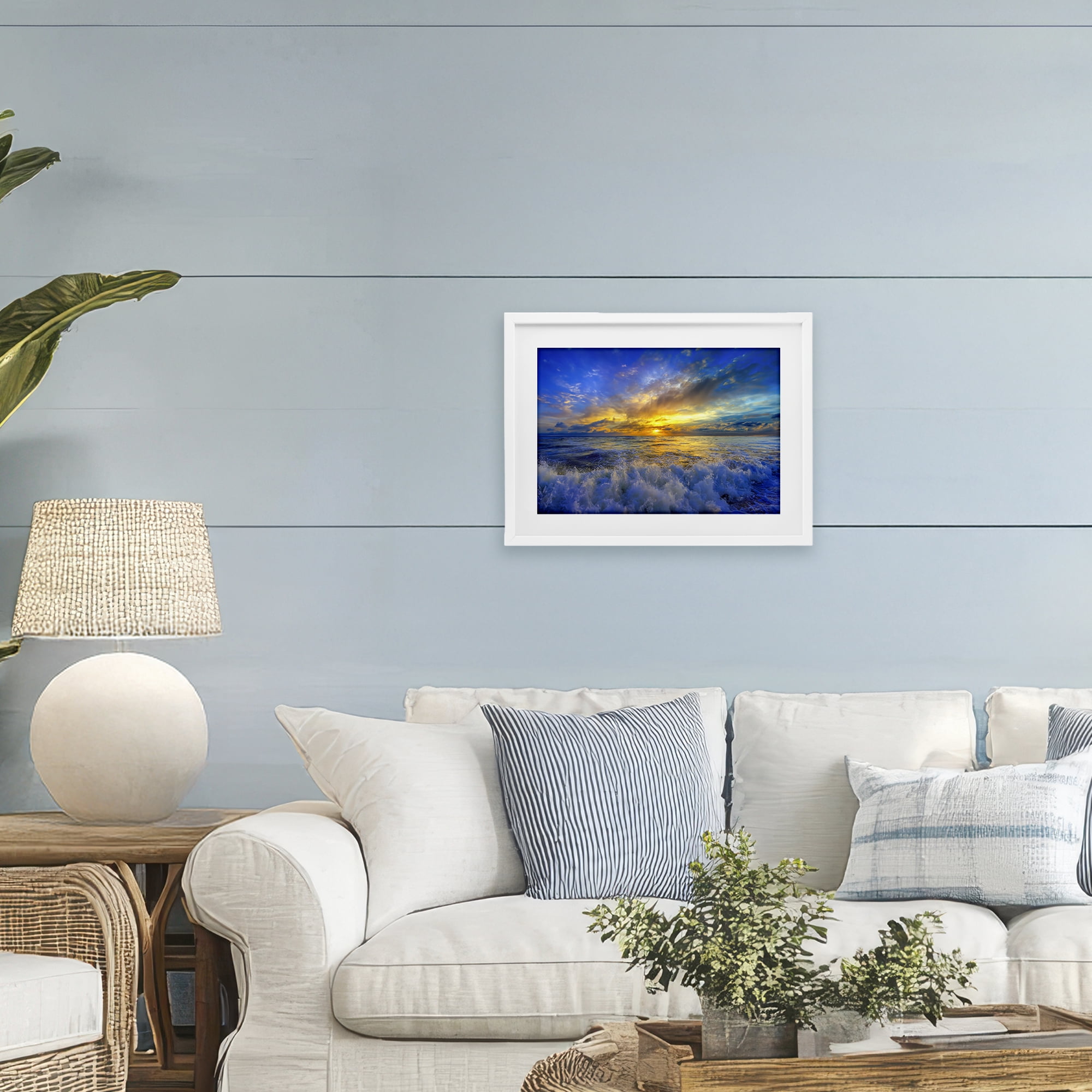 Stupell Industries Golden Blue Sunset over Waves White Framed Print Under Glass, design by Eszra Tanner