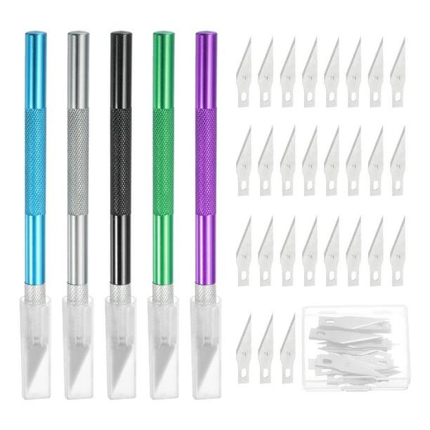 Conjunto de cuchillos Exacto Uxcell de 55 piezas incluye 5 cuchillos de manualidades y 50 cuchillas Exacto (Púrpura, Verde, Azul, Plateado, Negro)