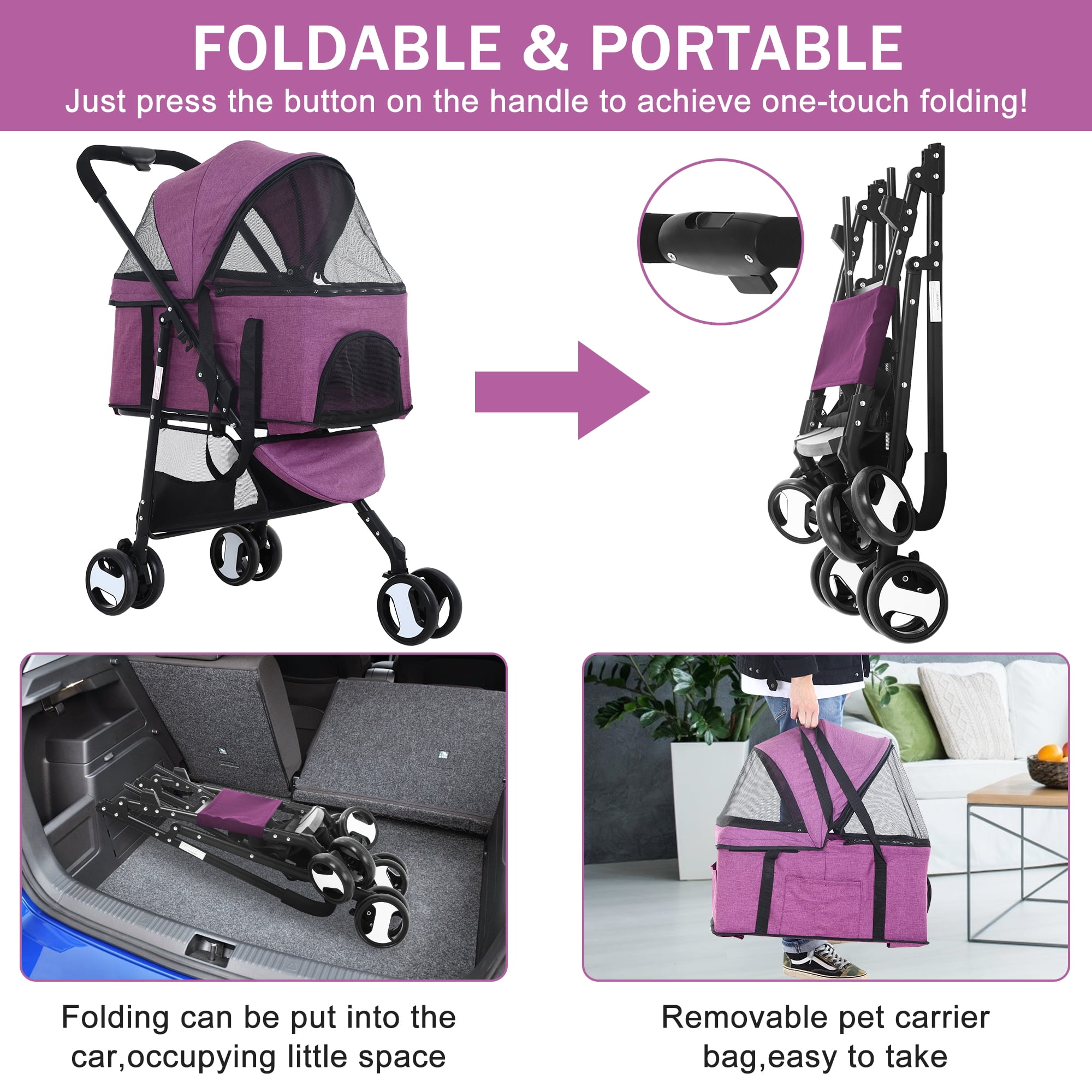 3-in-1 Foldable Pet Stroller & Carrier - Convertible Dog Cart With Storage Basket For Small/Medium Pets