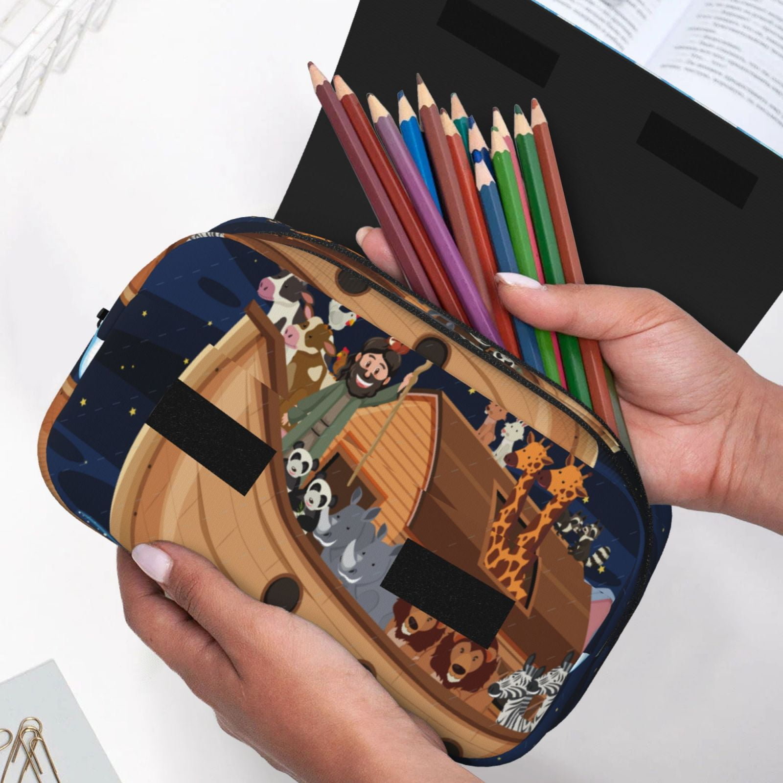 Rateoe Ocean Scene with Noah's Ark Pattern Double Clamshell Pen Case, Storage Organizer with Two Zipper Compartments– Holds Up to 50 Pencils & Pens