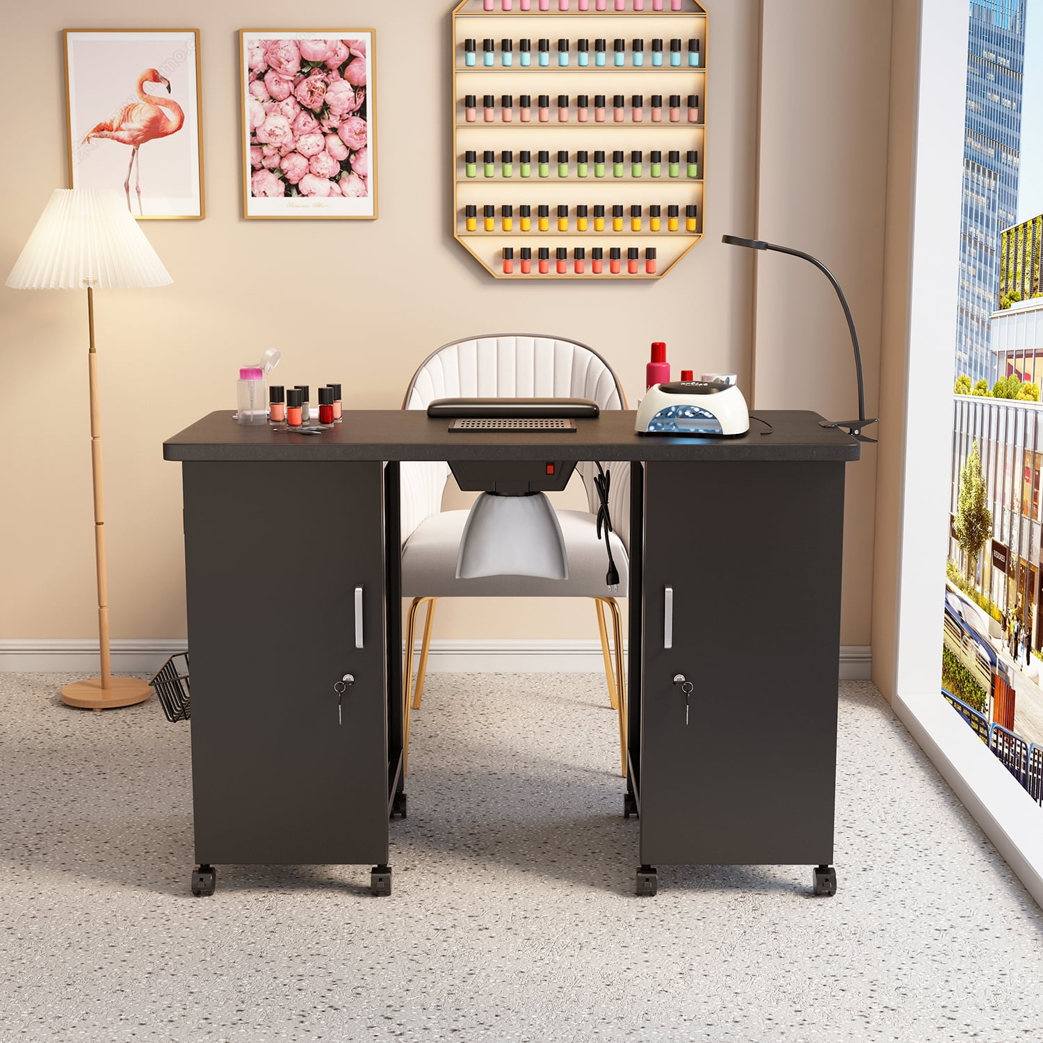Kadyn 42" Manicure Table Nail Desk, Beauty Spa Salon Workstation w/ Wrist Rest, Lockable Cabinets,LED Lamp,Electric Downdraft Vent, 2 Cabinets,Black