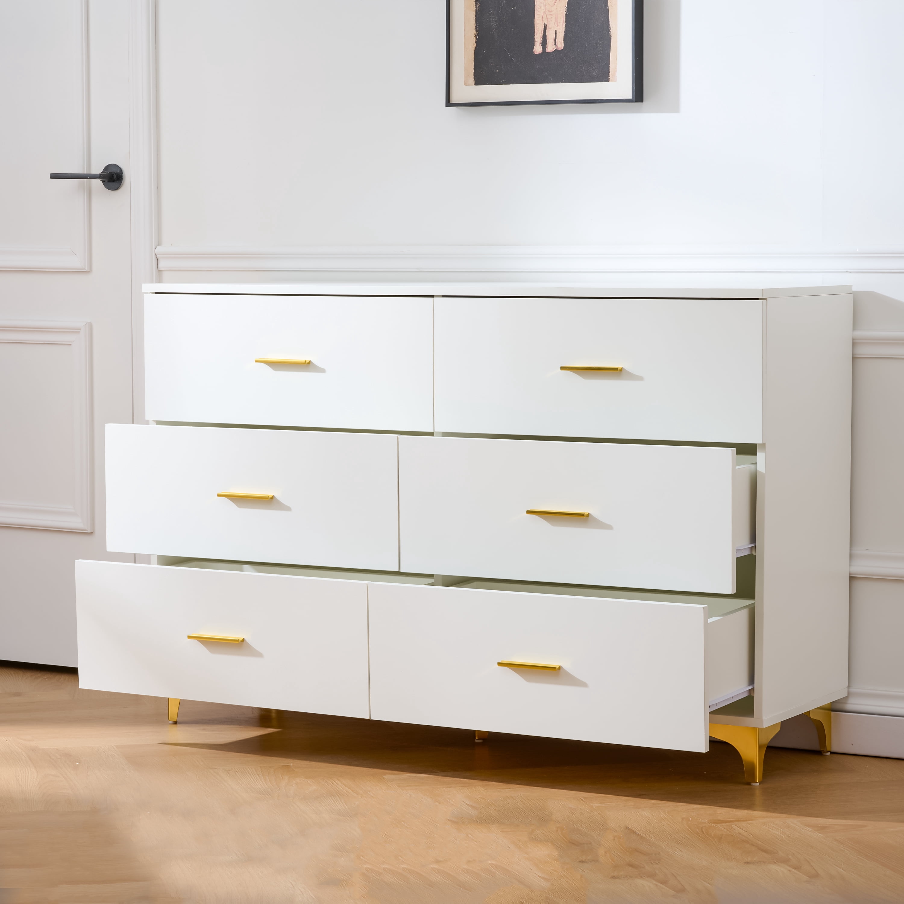 HOQBN 6 Drawer Dresser for Bedroom,Chest of Drawers withGold Handles & Metal Legs,Modern Chest of Drawers, Wooden Dresser TV Stand for Living Room, Hallway, Entryway, White