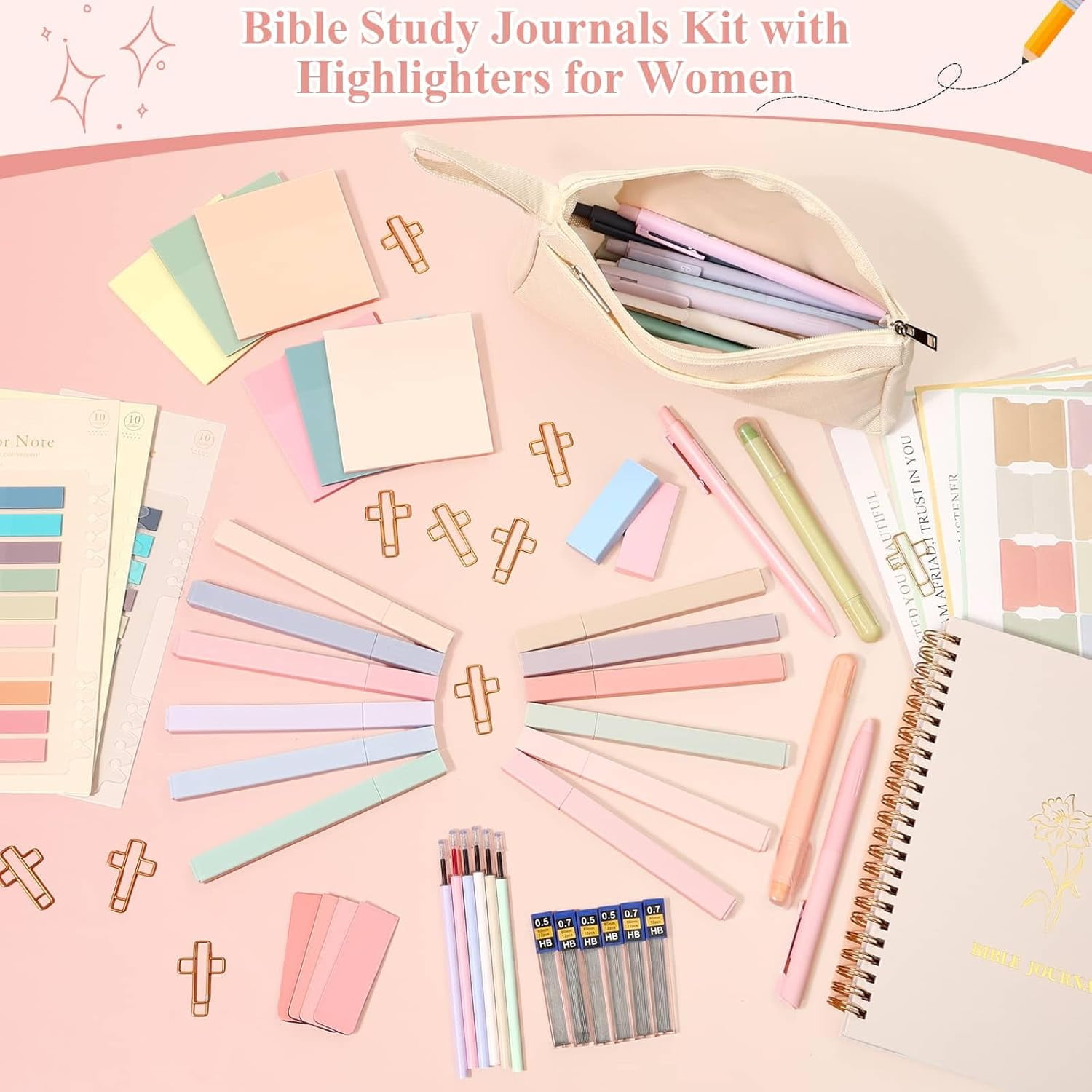 79 Pack Bible Study Supplies Journaling Kit for Women, Prayer Journal Note Taking Annotation Kit, Bible Tabs and Highlighters Set with Pencil Case and More Bible Study Tools