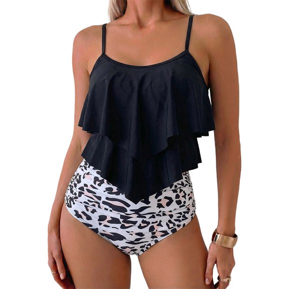SKQIT Women's Ruffle Tankini Two-Piece Swimsuit, High-Waisted Tummy Control Bikini, Flounce Spaghetti Strap Swimwear