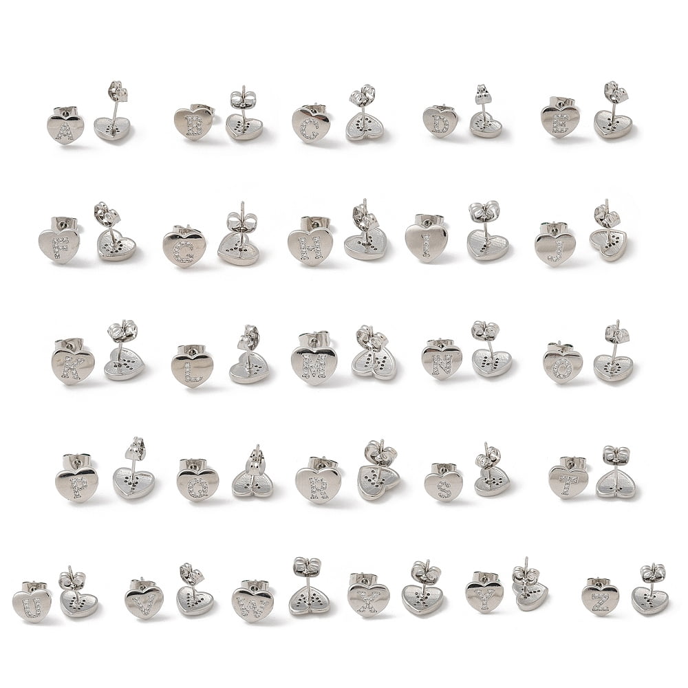 Rack Plating Brass Micro Pave Clear Cubic Zirconia Stud Earrings Heart with Letter A~Z Platinum 8.5x9.5mm