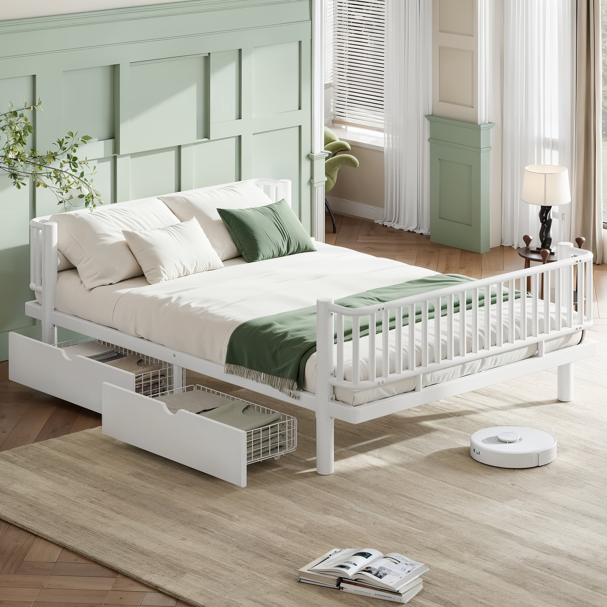 Leumius Queen Size Platform Bed Frame with Storage Drawers, Metal Daybed Frame with Upgraded Safety Round-Pipe Design, Low Profile Design for Teens Adults White