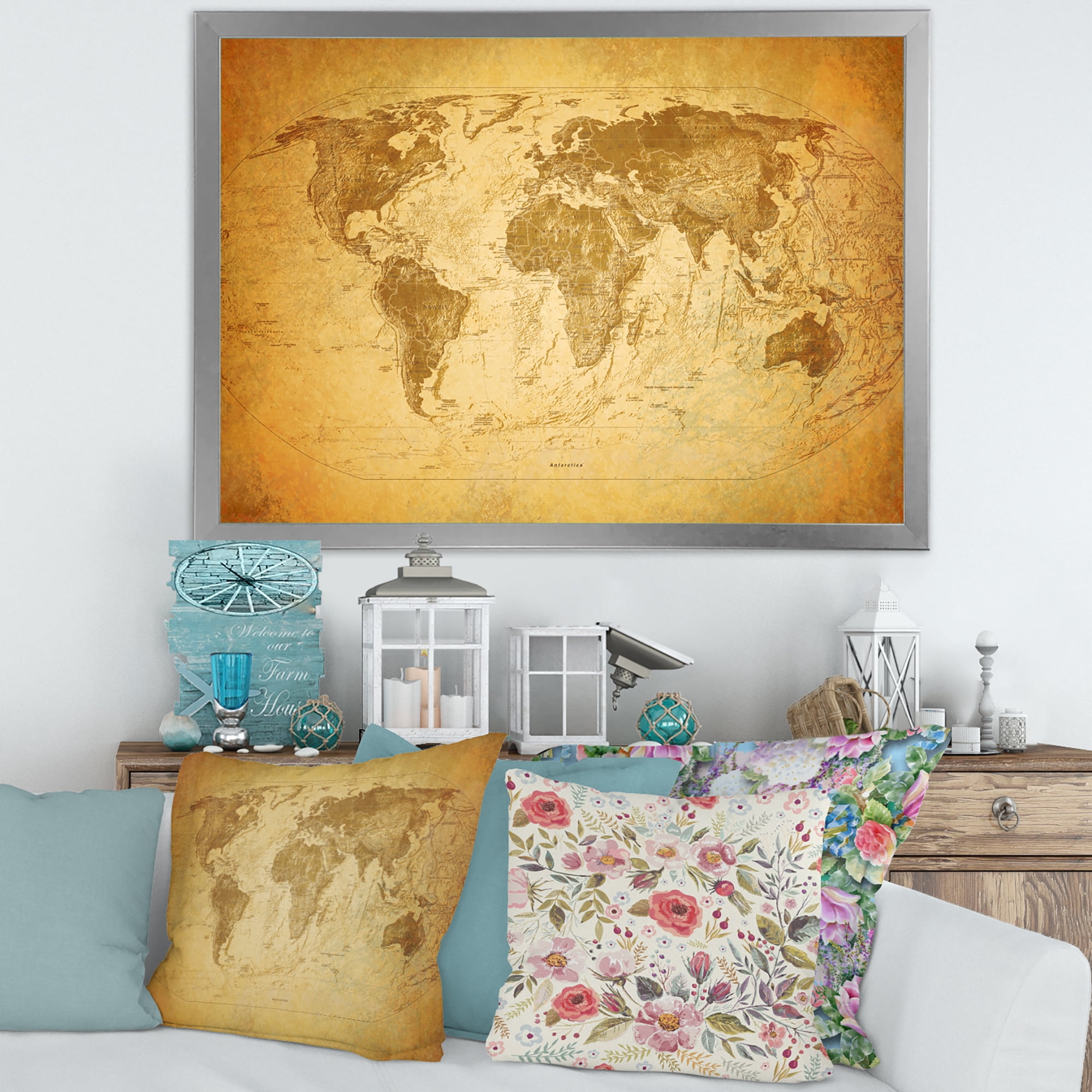Designart 'Ancient World Map X' Vintage Framed Art Print