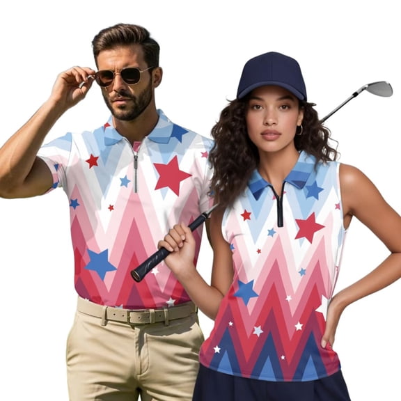 Garronmavis Colorful Patriotic Star Matching Couple Golf Shirts Funny Men Women Matching Couple Golf Shirts 4-Way Stretch Golf Tennis Tank Top Quick Dry for Tennis Enthusiasts