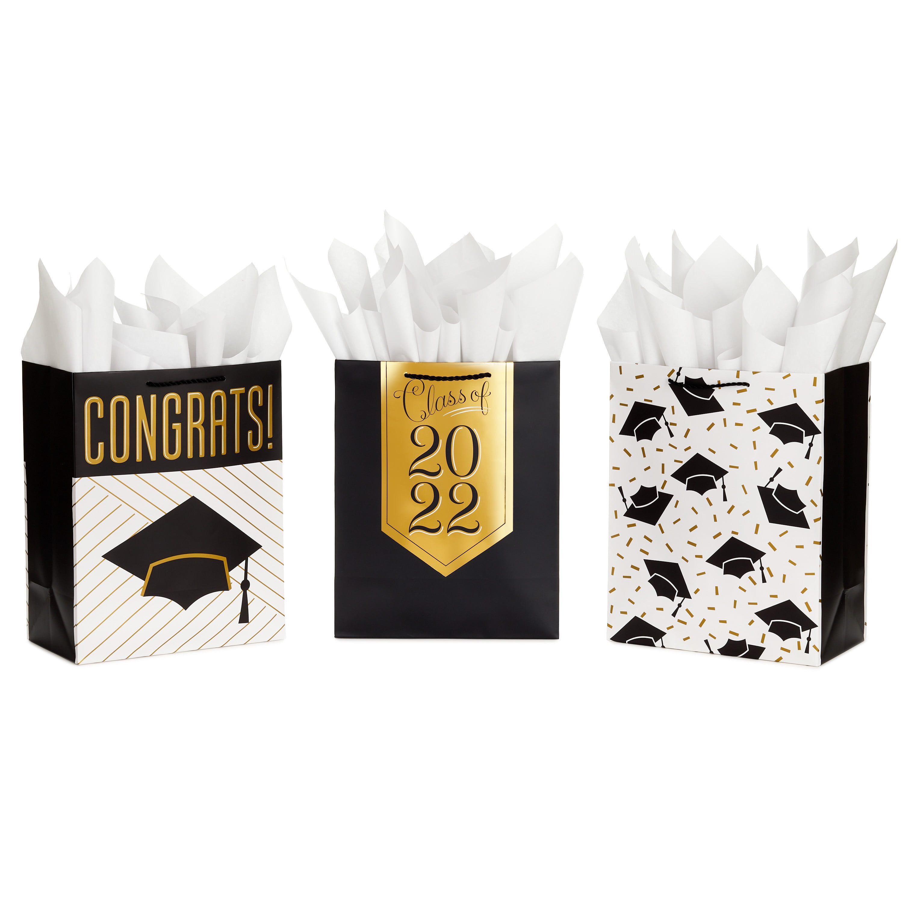 Hallmark 13' Large Graduation Gift Bags Assortment with Tissue Paper (3 Pack: Black and Gold 'Class of 2022,' 'Congrats,' Mortarboards)