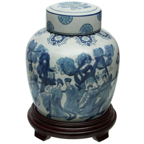10" Ladies Blue & White Porcelain Ginger Jar