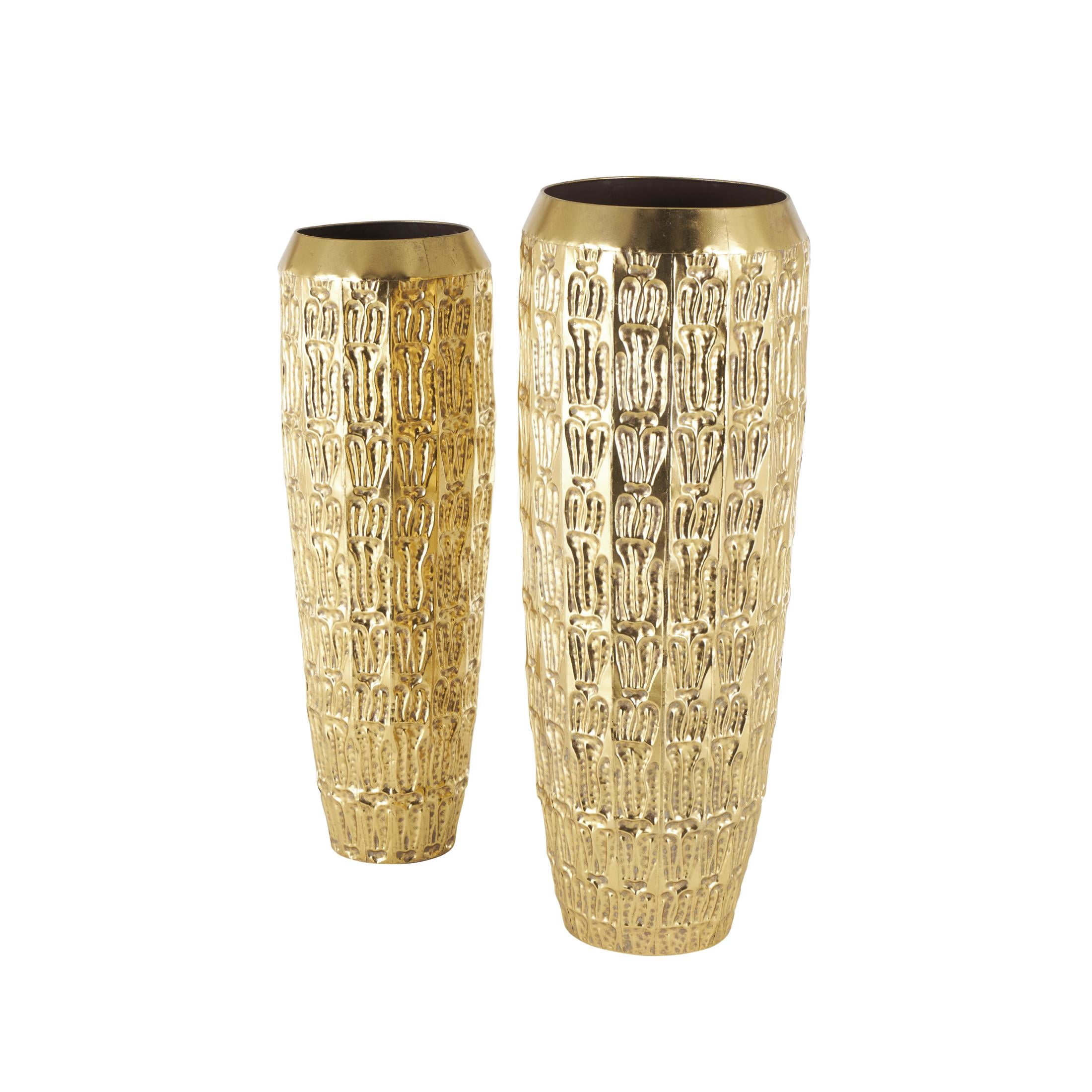 DecMode 41", 37"H Tall Gold Metal Vase with Grooved Patterns, Set of 2