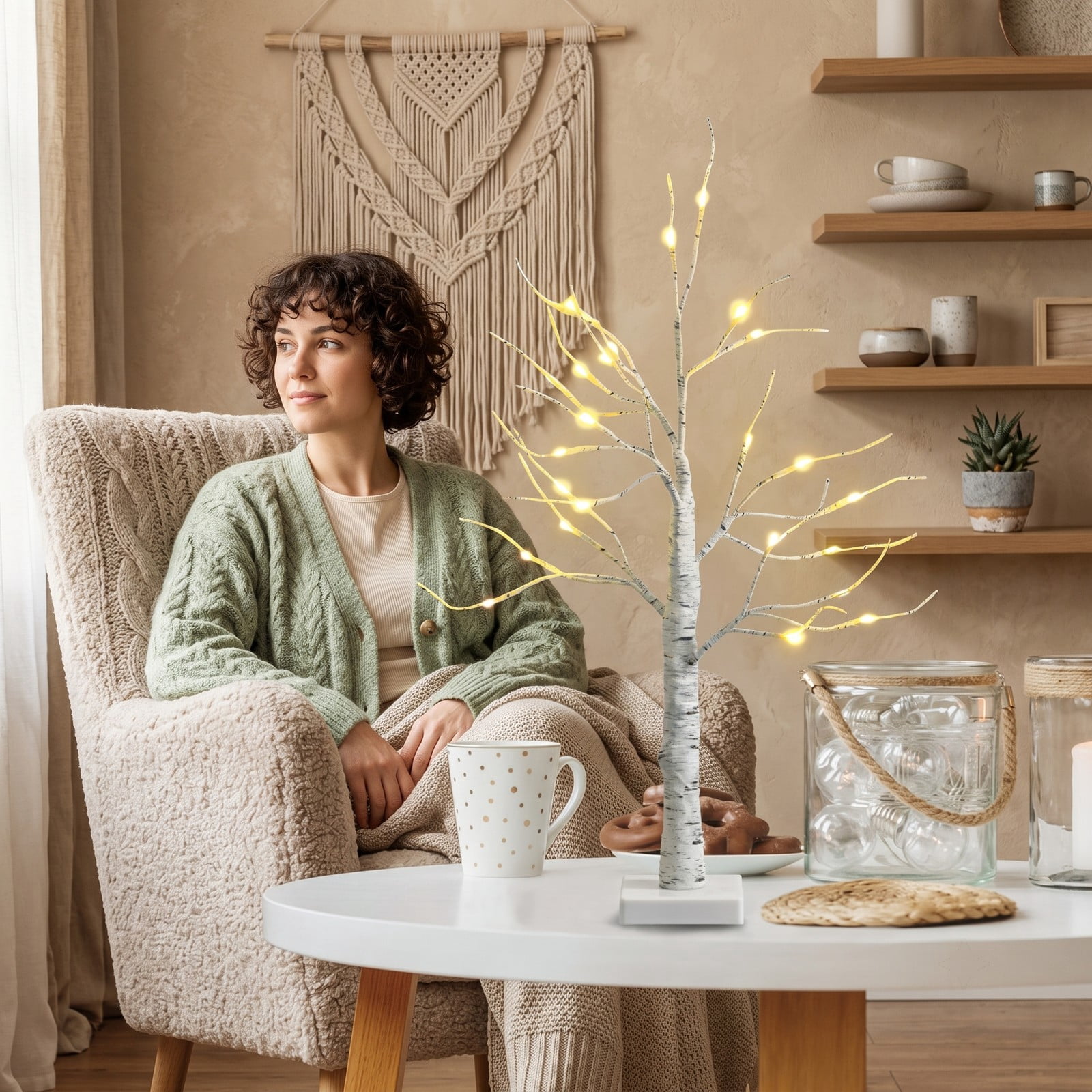 RUIE 2 Feet Pre-Lit White Twig Birch Tree, Battery Powered Tabletop Artificial Christmas Tree with 24 Warm White LED Lights, Bendable Branches for Holiday Home, White