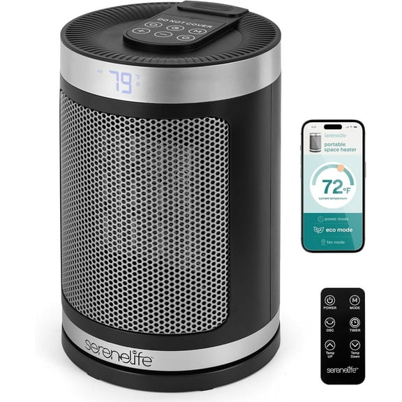 SereneLife Portable Space Heater – 1500W Indoor Electric Heater with Thermostat, Remote Control, 12-Hour Timer, Wi-Fi Enabled PTC Ceramic Heating for Home and Office, Gray (5.9" x 5.9" x 9.5")