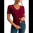 thumbnail image 4 of Camisetas de Corta con Cuello en V y Encaje para Mujer, Camisetas Básicas Ajustadas de Punto Acanalado, Estilo Informal de Verano para Negocios Vino Tinto S, 4 of 10