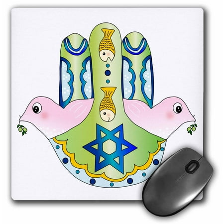 3dRose Jewish Chamsa - Hamsa hand with pink peace doves blue magen david star and fish Judaism Jew Judaica, Mouse Pad, 8 by 8 inches